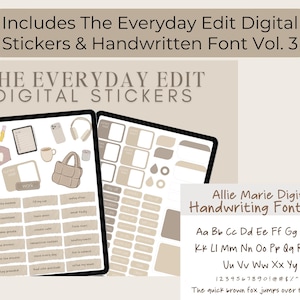 May include: Digital stickers and handwritten font set, "The Everyday Edit Vol. 3." The image shows two tablets displaying digital stickers and a handwriting font sample. The stickers include various icons and text labels.