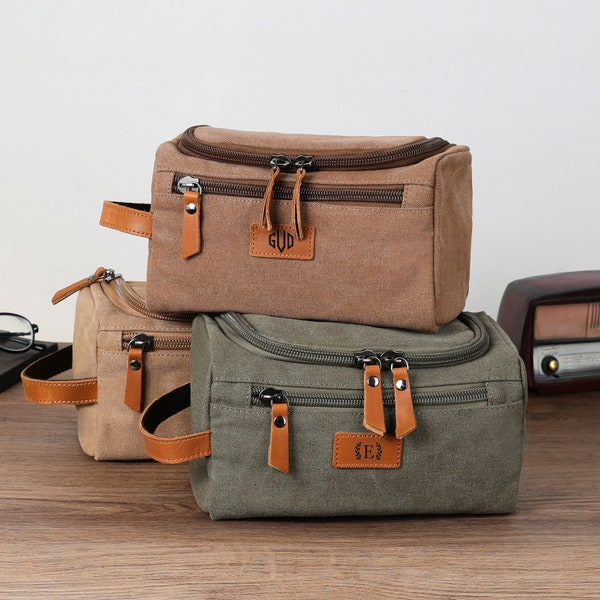 Personalized Toiletry Bag for Men,Custom Canvas Men’s Toiletry Bag,Leather Engraved Dopp Kit for Dad,Men's Travel Dopp Kit,Gifts for Him