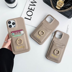 Funda personalizada para iPhone 16, funda de cuero con ranura para tarjetas para iPhone con anillo para el dedo, billetera para tarjetas para iPhone 16 15 14 13 12 11 Pro Max