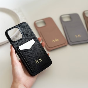 Leather Card Holder iPhone Case - Personalized Hot Press Initial Case for iPhone 15, 14, 13, 12, 11 Pro, Max, Mini