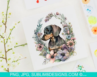 Flower Wreath : A Hyper-Realistic Dachshund Watercolor Illustration Sublimation Design PNG and JPEG ONLY
