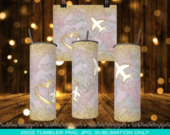 Vintage World Map with Gold Glitter and Airplane Compass - A Journey Through Time and Space Sublimation Tumbler Design Wrap PNG and JPEG