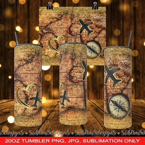 Vintage World Map with Gold Glitter and Airplane Compass - A Journey Through Time and Space Sublimation Tumbler Design Wrap PNG and JPEG