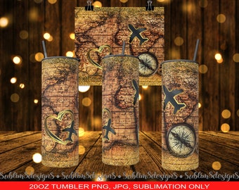 Vintage World Map with Gold Glitter and Airplane Compass - A Journey Through Time and Space Sublimation Tumbler Design Wrap PNG and JPEG