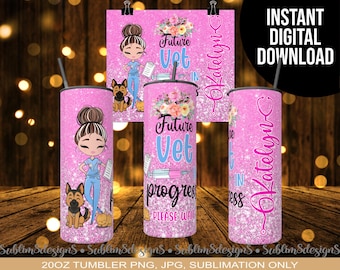 Personalized Future Veterinarian Tumbler Wrap PNG, Custom Hair, Skin Tone, Dog, Cat, Name, 20oz Tumbler Sublimation Design
