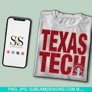 May include: White t-shirt with a red glitter design that says "TEXAS TECH". The design is outlined in black. The t-shirt is laying flat on a light green surface.