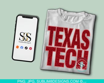 May include: White t-shirt with a red glitter design that says "TEXAS TECH". The design is outlined in black. The t-shirt is laying flat on a light green surface.