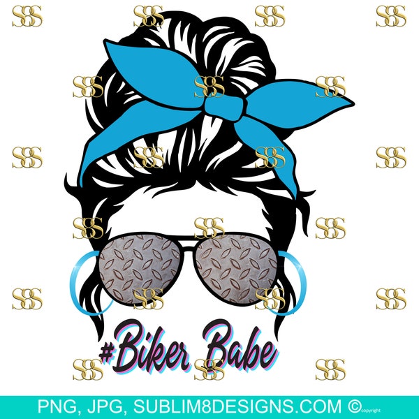 Blue Biker Babe Messy Bun Sublimation Design PNG and JPG ONLY