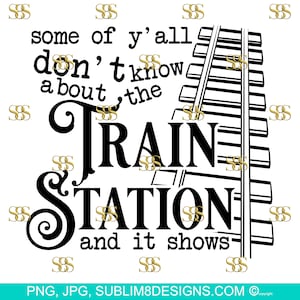 Könnte beinhalten: Schwarzweißes Grafikdesign mit dem Text "some of y'all don't know about the train station and it shows". Die Grafik zeigt ein stilisiertes Gleis.