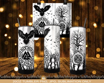 Viking Raven & Norse Mythology 20oz Tumbler Design – Celtic Knot, Valknut and Yggdrasil Sublimation Design PNG and JPG ONLY