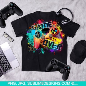 Game Over Colorful Controller Sublimation T-shirt Design PNG and JPEG ONLY
