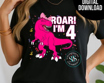 Pink Dinosaur Birthday Girl SVG PNG JPG – Roar I’m 4 T-Rex Shirt Design for Girls – Cute 4th Birthday Party Sublimation Download