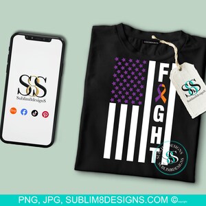 May include: Black t-shirt with a purple and orange ribbon on a white and purple American flag design. The text "FIGHT" is on the right side of the flag. The t-shirt is for sublimation printing.