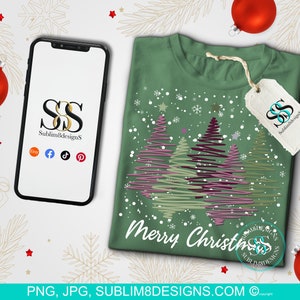 Könnte beinhalten: Grünes Sublimationsdesign mit einem stilisierten Weihnachtsbaumdesign mit dem Text "Frohe Weihnachten" und dem Logo "SS Sublim8designs".