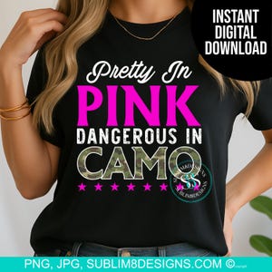 Bella in rosa, pericolosa in mimetica, stampata a sublimazione solo in PNG | Design ragazza country | Citazione western DTF stampabile