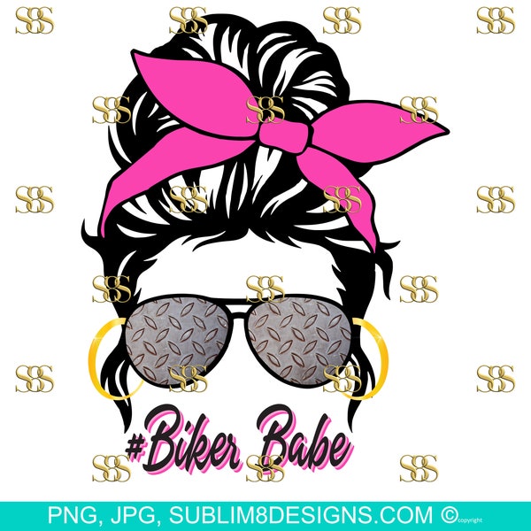 Pink Biker Babe Messy Bun Sublimation Design PNG and JPG ONLY