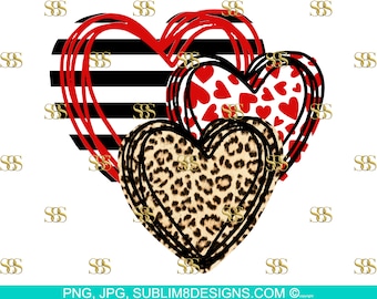 3 Love Hearts | Leopard and Stripes | Red and Black Hearts | Leopard Hearts | Colorful Hearts | Sublimation Design PNG and JPG ONLY