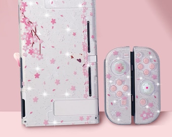 Sakura Pattern Game Protective with 2pcs soft Grip Caps Cover TPU Shell Clear Soft Carrying Case Cover For Switch Console Only