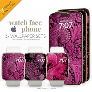 Könnte beinhalten: Drei Sätze passender Zifferblätter und Handy-Hintergrundbilder mit einem pinkfarbenen und schwarzen Paisley-Muster. Die Zifferblätter zeigen die Uhrzeit 7:07 und das Datum Sonntag, 13. April. Die Handy-Hintergrundbilder zeigen das gleiche Paisley-Muster.