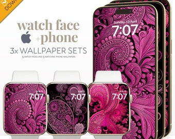 Pink Paisley Wallpaper Hintergrund Apple Watch & Phone, Groovy Boho Dekoratives Muster Gesicht Smartwatch, Trendy 70s Einzigartige Luxusästhetik
