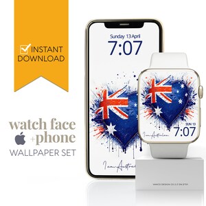 Op de afbeelding: Een set van digitale wijzerplaat en telefoonachtergrond met een hartvormige Australische vlag op een witte achtergrond met rode, witte en blauwe verfspatten. De tekst "I am Australian" staat onderaan de telefoonachtergrond. De wijzerplaat geeft de tijd 7:07 en de datum "SUN 13" weer.