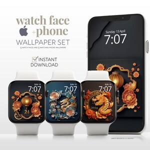 Sfondo del quadrante dell'Apple Watch Anno del Drago, set di pacchetti Smartwatch per il Capodanno cinese 2024, estetica per iPhone del Capodanno lunare dello zodiaco cinese