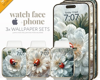 Marienkäfer-Apple-Watch-Gesichts-Telefonhintergrund, Frühlings-Blumen-Botanischer Smartwatch-Digitalhintergrund, iPhone-süße zierliche Blumen-Muttertagsgeschenk