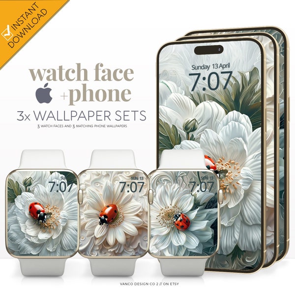 Ladybug Apple Watch Face Phone Wallpaper, Spring Floral Botanical Smartwatch Digital Background, iPhone Cute Dainty Flowers Mothers Day Gift