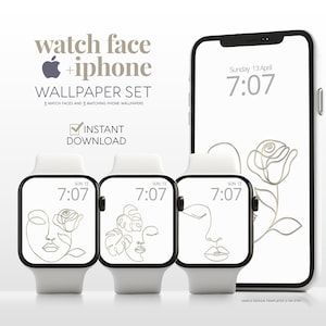 Gesicht Apple Watch Gesicht iPhone Wallpaper Line Art, elegante minimalistische Damen ästhetische Smartwatch Hintergrund Bundle 3er Set, Paar Kunst ihr Geschenk