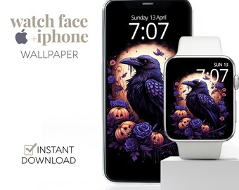 Halloween Raven Apple Watch iPhone Wallpaper, Fall Smartwatch Background, Festive Gothic Spooky Purple Autumn Digital Watch Face