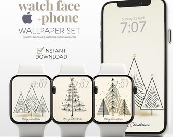 Conjunto de fondos de pantalla de reloj mínimo de Navidad, fondo de teléfono de árbol de Navidad, accesorios de reloj de Feliz Navidad, diseño de cara de Apple Watch de invierno