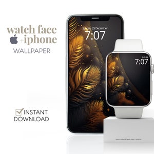 Sfondo di Apple Watch di Natale con piume d'oro, sfondo di iPhone con glitter natalizi in oro, quadrante dell'orologio, disegni di Natale, telefono Smartwatch