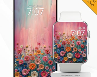 Frühling Apple Uhren-Hintergrundbild, rosa Blumen-Ölgemälde Smartwatch digitaler Hintergrund, iPhone buntes botanisches Mutter-Geschenk