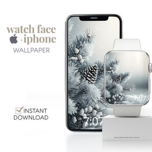 May include: A digital watch face and iPhone wallpaper featuring a snowy pine branch with a pine cone. The watch face displays the date and time as "Sunday 25 December 7:07".