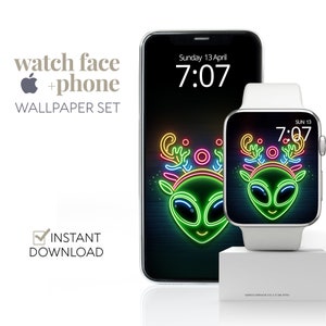 Alien Apple Watch Wallpaper Natale Festivo insegna al neon Sfondo Smartwatch, quadrante dell'orologio con renna aliena, simpatico regalo di Natale