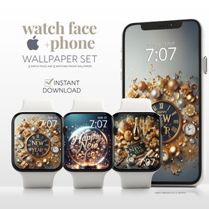 Sfondo del telefono Apple Watch di Capodanno, sfondo scintillante festivo dello smartwatch, quadrante digitale con sfera di cristallo, set di pacchetti estetici per la festa di Capodanno