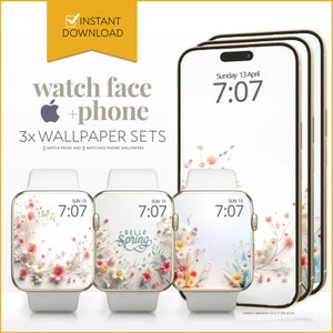 Sfondo del telefono con quadrante primaverile per Apple Watch, sfondo digitale per smartwatch con fiori botanici, set di pacchetti pastello floreali Hello Spring per iPhone