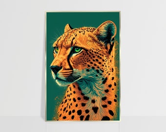 Cheetah Big Cat Wall Art, Digital Illustration Animal Art Print, Green Orange Feline Leopard Printable Poster or Canvas Download
