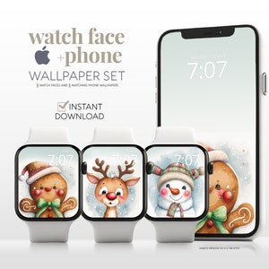 Sfondo natalizio per Apple Watch e set di sfondi per telefono, renna pupazzo di neve omino di pan di zenzero quadrante invernale per Apple Watch, pacchetto natalizio per le vacanze