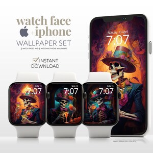 Halloween Skeleton Fall Wallpaper Apple Watch Face Phone Set, Funny Skeletons Smartwatch, Spooky Gothic iWatch iPhone Background Bundle