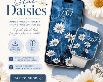 Blaue Apple-Uhr-Zifferblatt, Frühlings-Blumen-Handy-Tapeten-Set (Digitaler Download)