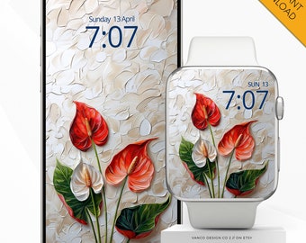 Blumen Apple Watch Face Phone Wallpaper, Frühling Anthurium Botanische Smartwatch Digitaler Hintergrund, iPhone 3D Blumen Bunt Mütter Geschenk