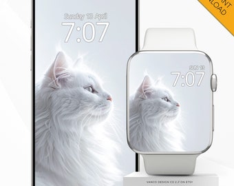 Weiße Katze Apple Watch Gesicht Handy Wallpaper, Luxus Feline Smartwatch Digital Hintergrund, iPhone Puss Mom Pelz Babys Haustier Liebhaber Geschenk