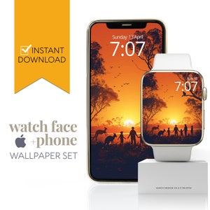 Sfondo del telefono con quadrante dell'Apple Watch nell'outback australiano, Bush australiano al tramonto, disegno dello sfondo dello schermo per la narrazione della fauna selvatica nativa australiana