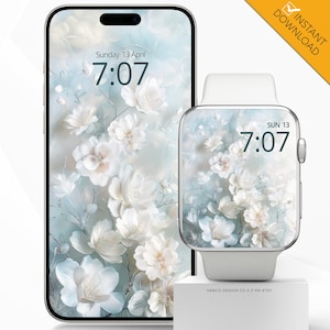 Sfondo per telefono con quadrante Apple Watch primaverile, sfondo digitale delicato floreale blu rosa con fiori di ciliegio per smartwatch, regalo per la mamma con fiori per iPhone