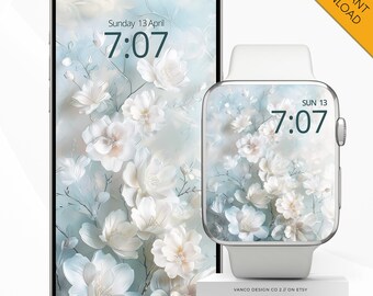 Frühling Apple Watch Face Phone Wallpaper, Zarte Blumen Blau Rosa Kirschblüte Smartwatch Digitaler Hintergrund, iPhone Blumen Mütter Geschenk