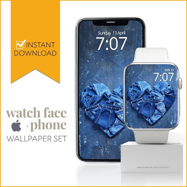 Jeans Apple Watch visage téléphone papier peint, fond de montre intelligente mode unique country chic, bande coeur bleu vintage ensemble numérique tendance