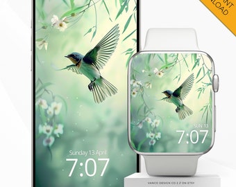 Spring Apple Watch Face Phone Wallpaper, Green Swallow Floral Botanical Smartwatch Digital Background, iPhone Willow Tree Mothers Day Gift