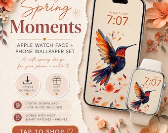Kolibri Apple Watch Face Phone Wallpaper, Bunt Blumen botanische Smartwatch Digitaler Hintergrund, Natur iPhone Muttertagsgeschenk