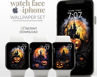 Halloween Fall Wallpaper Apple Watch Face Phone Bundle, Trendy Autumn Spooky Carved Pumpkin and Haunted House Background Design Aesthetic